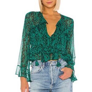 Misa Los Angeles Demaris green ruffled tie neck blouse M